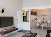 Thumbnail 1 of 22 - A living room with a television, a dining table, and chairs.