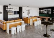 Thumbnail 3 of 24 - a room with white walls and a wooden table with a yellow sofa and a black table with