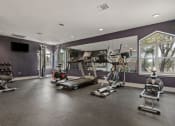 Thumbnail 16 of 28 - a home gym with a purple accent wall and a large window