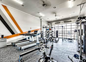 Thumbnail 45 of 52 - a gym with cardio machines and weights on the floor and a window