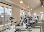 Thumbnail 15 of 30 - a gym with cardio machines and windows at the district flats apartments in lenexa