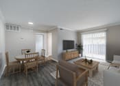 Thumbnail 1 of 62 - A living room with a white couch, a wooden dining table, and a television.