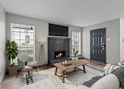 Thumbnail 2 of 22 - A modern living room with a fireplace and a flat screen TV mounted above it.