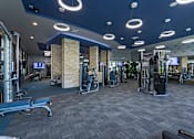 Thumbnail 28 of 40 - A gym with a variety of equipment and a grey carpet.