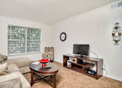 Thumbnail 1 of 14 - A living room with a couch, a coffee table, and a television.