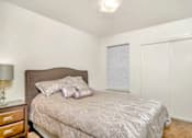 Thumbnail 7 of 14 - A bedroom with a bed, nightstand, and lamp.