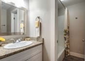 Thumbnail 18 of 20 - a bathroom with a sink and a shower and a mirror