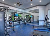 Thumbnail 23 of 28 - A gym with a variety of equipment including treadmills, weights, and exercise balls.