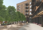 Thumbnail 23 of 42 - a rendering of a large building with trees and a sidewalk