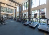 Thumbnail 23 of 34 - a gym with cardio equipment and windows in the lobby of a building