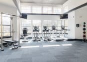 Thumbnail 23 of 36 - a gym with cardio equipment and windows in a building