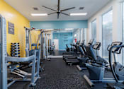 Thumbnail 23 of 40 - A gym with a variety of equipment including treadmills, stationary bikes, and weight machines.