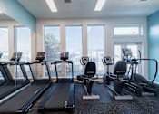 Thumbnail 26 of 40 - A gym with treadmills and elliptical machines.
