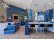 Thumbnail 18 of 54 - a blue and white living room with blue chairs and a white table