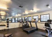 Thumbnail 2 of 23 - A gym with a treadmill, weights, and exercise equipment.