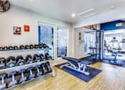 Thumbnail 17 of 17 - A gym with a variety of equipment including dumbbells, weight plates, and a bench press.