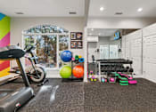 Thumbnail 26 of 45 - A gym room with a treadmill, exercise balls, and weights.