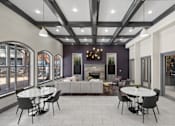 Thumbnail 34 of 38 - A modern dining room with a white table and chairs.