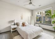 Thumbnail 12 of 19 - a bedroom with a bed and a large window