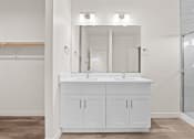 Thumbnail 10 of 24 - a bathroom with a sink and a mirror and a shower