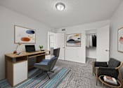 Thumbnail 4 of 39 - A room with a desk, chair, and artwork on the wall.
