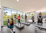 Thumbnail 10 of 59 - A woman is working out on a treadmill in a gym with other people.