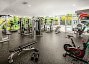 Thumbnail 11 of 59 - A gym with a variety of equipment including weights, treadmills, and exercise bikes.