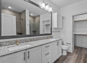 Thumbnail 32 of 47 - a bathroom with a sink and a toilet and a mirror
