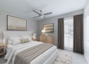 Thumbnail 10 of 29 - A bedroom with a large bed, a ceiling fan, and a painting on the wall.