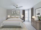 Thumbnail 8 of 29 - A bedroom with a large bed, a ceiling fan, and a wooden dresser.