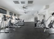 Thumbnail 24 of 32 - a gym with exercise equipment and a ceiling fan