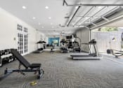 Thumbnail 38 of 43 - A gym with a variety of equipment including a treadmill, weights, and a bench press.