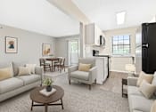 Thumbnail 2 of 23 - A living room with a grey couch, a coffee table, and a dining table.