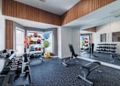 Thumbnail 30 of 42 - A gym with a variety of equipment including weights and a bench.