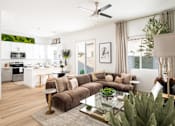 Thumbnail 2 of 19 - A modern living room with a brown couch and a glass coffee table.