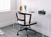 Thumbnail 4 of 22 - A white desk with a black chair and a white lamp.