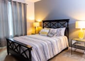Thumbnail 4 of 14 - A bedroom with a bed, nightstand, and lamp.