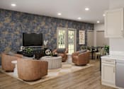 Thumbnail 1 of 44 - A modern living room with a television, sofas, and a kitchen area.