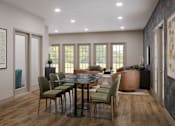 Thumbnail 32 of 44 - A dining room with a table set for six.
