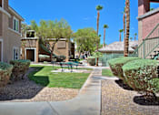 Thumbnail 4 of 16 - A sunny day in a residential area with a bench and a tree.