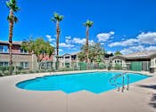 Thumbnail 14 of 16 - A swimming pool surrounded by palm trees and apartment buildings.