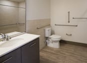 Thumbnail 35 of 50 - A bathroom with a toilet, sink, and grab bars at Denver Metro Village Apartments, Denver