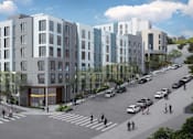 Thumbnail 1 of 17 - A street view of a residential area with cars and pedestrians.
