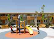 Thumbnail 7 of 11 - A playground with a yellow slide and a red and blue climbing frame.