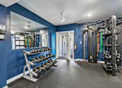 Thumbnail 93 of 107 - A gym with blue walls and a variety of equipment.