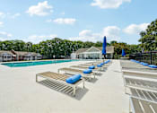 Thumbnail 101 of 107 - A pool with sun loungers and umbrellas is surrounded by trees.