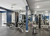 Thumbnail 94 of 107 - A gym with a variety of equipment including weights and benches.
