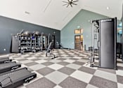 Thumbnail 9 of 10 - A gym with a checkered floor and a variety of equipment.