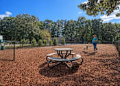 Thumbnail 8 of 49 - A woman is walking her dog in a park with a picnic table.