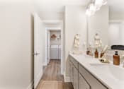 Thumbnail 8 of 45 - Spacious hallway bathroom in single-family rental home at Mural Lewis Center featuring double sink vanity, long countertop, large mirror, modern lighting, and wood-style flooring